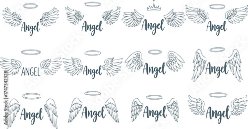 Seamless Pattern of Angel Wings and Halos with Angel Script in Blue Ink for Religious Holiday Designs and Spiritual Concepts