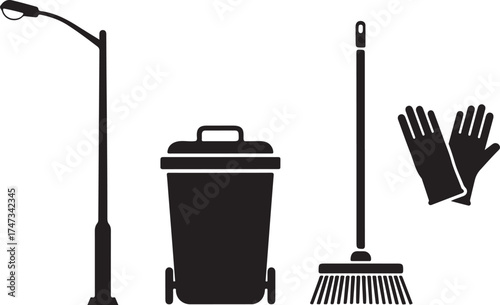 Street Cleaning Equipment Black and White Illustration Emphasizing Urban Sanitation and Waste Management for Environmental Awareness and Cleanliness Promotion with a Lamp Post