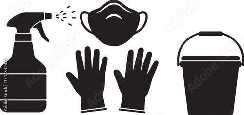 Vector illustration of essential cleaning and protective tools for hygiene and safety providing a visual representation of sanitation and infection prevention protocols