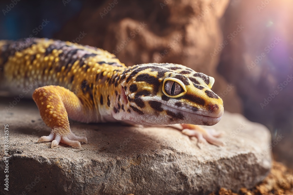 Obraz premium Leopard Gecko Basking on a Rock Under Soft Warm Light