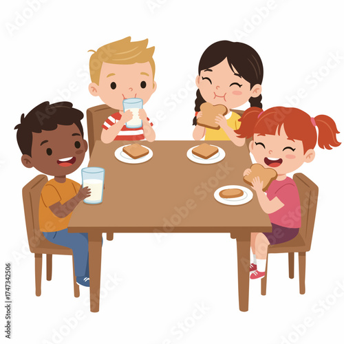 Colorful Cartoon Children Eating Meal Together at Wooden Table Illustration