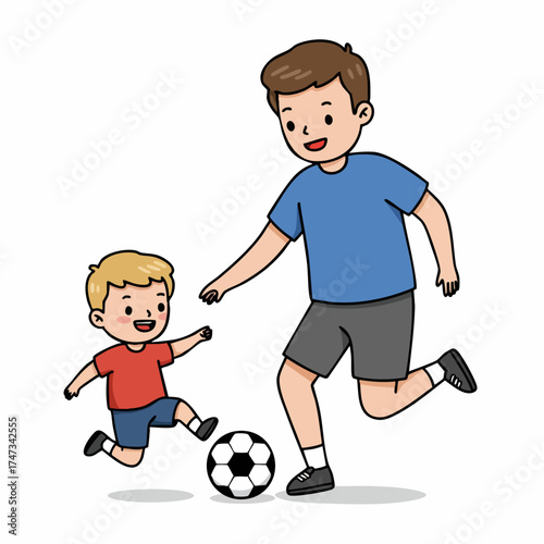 Cute Cartoon Illustration of Father and Son Playing Soccer Together