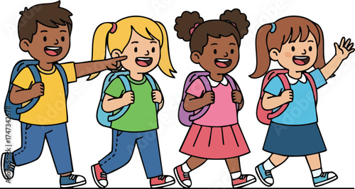 Diverse group of happy children walking to school with backpacks.