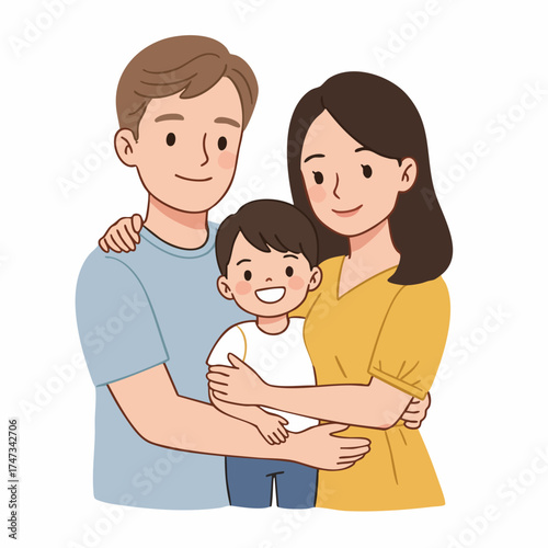 Cartoon Happy Family Embrace with Young Child Illustration Graphic
