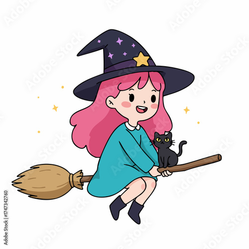 Cute Cartoon Witch Riding Broomstick with Black Cat Character Illustration