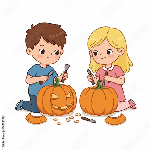 Cute Cartoon Style Little Children Carving Halloween Pumpkins Illustration