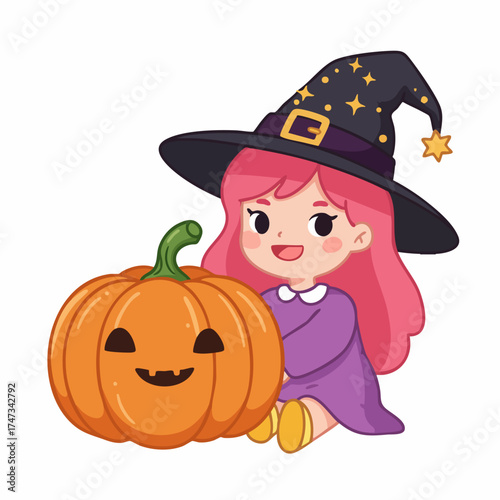 Cartoon Cute Little Witch with Pumpkin Halloween Illustration Artwork
