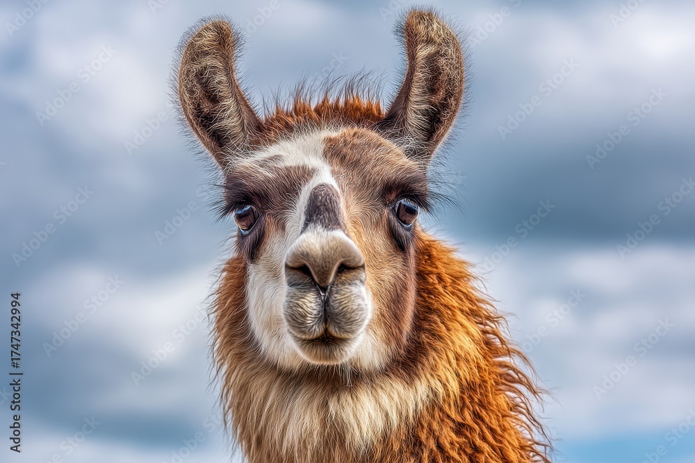 Fototapeta premium Llama looking directly at the camera with fluffy fur