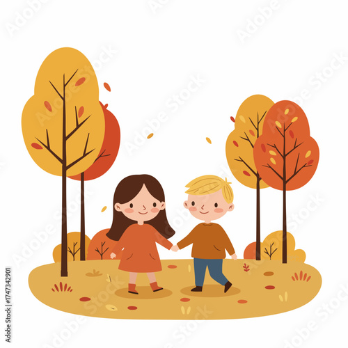 Flat Style Autumn Season Couple Enjoying Walk Together in Nature Illustration