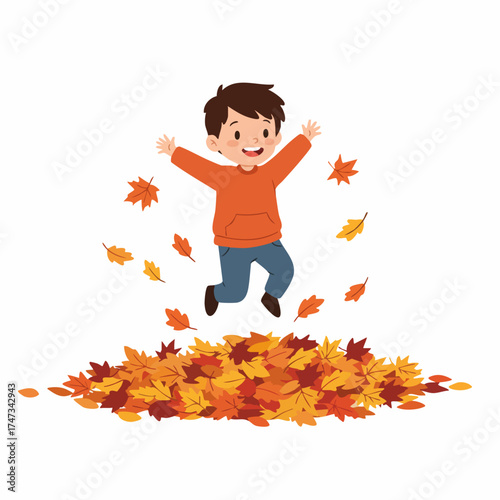 Cartoon Illustration of Joyful Kid Jumping in Autumn Leaves Pile