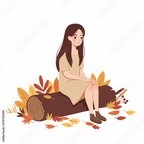 Flat Illustration Sad Young Woman Sitting on a Log in Autumn