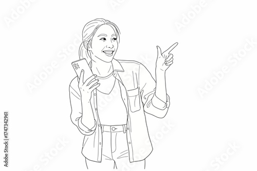 Asian lady using mobile phone with cheerful expression show something amazing Vector Illustrations