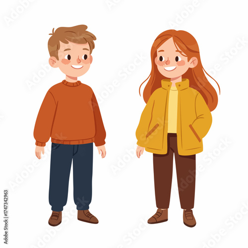 Cartoon Smiling Standing Boy and Girl Full Body Figure Illustration