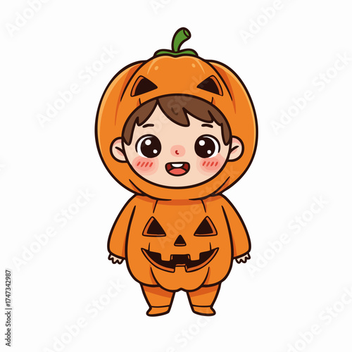 Cute Cartoon Little Boy in Pumpkin Costume for Halloween Celebration