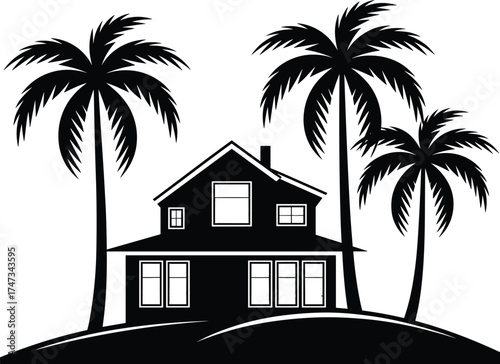 Black and White Silhouette of House with Palm Trees on Hill – Peaceful Tropical Coastal Living Scene Vector Illustration for Summer