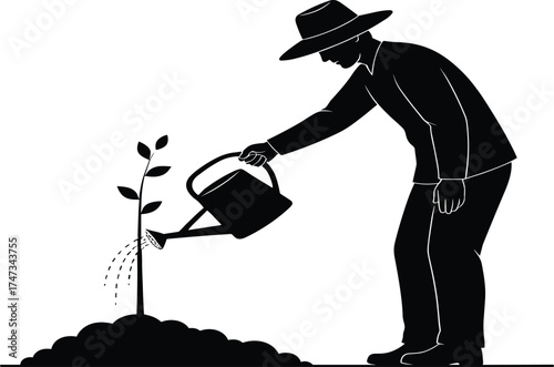 Black and white silhouette of person watering plant with can — ideal for gardening, growth, sustainability, nature care, and eco themes