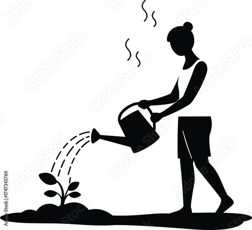 Black and White Silhouette of Person Watering Plant with Can – Gardening, Sustainability, Environmental Care, Summer Heat, Vector Art