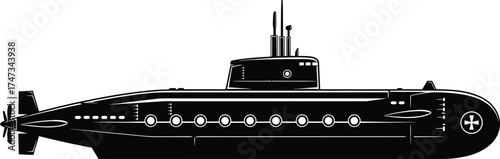 Black and White Submarine Vector Illustration with Conning Tower, Portholes, Propeller, and Antennas – Naval Engineering and Underwater Exploration