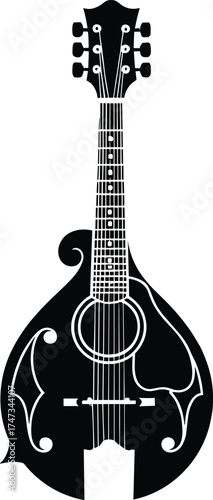 Black and white vector illustration of a detailed mandolin musical instrument design with strings and curves for music art concept