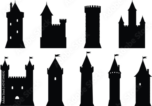 Black Castle Tower Silhouette Vector Set Featuring Medieval Architecture, Flags, Turrets, Battlements, Fantasy Fortress Icons for Graphic and Storytelling Use