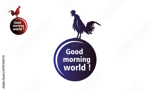 GOOD MORNING WORLD !! BIG ROCK CROWING LOGO, silhouette of cute chicken crowing vector illustrations