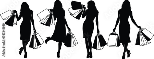 Black silhouette of fashionable women shopping with bags, expressing excitement, movement, and lifestyle—ideal for retail, fashion, and consumer themes.