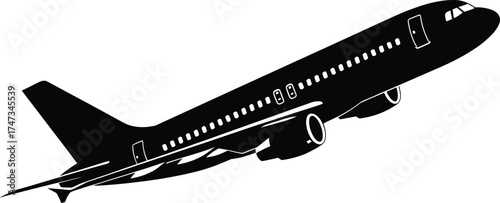 Black silhouette passenger airplane vector illustration flying in sky, commercial jet aircraft design, aviation travel, air transport, flight transportation symbol