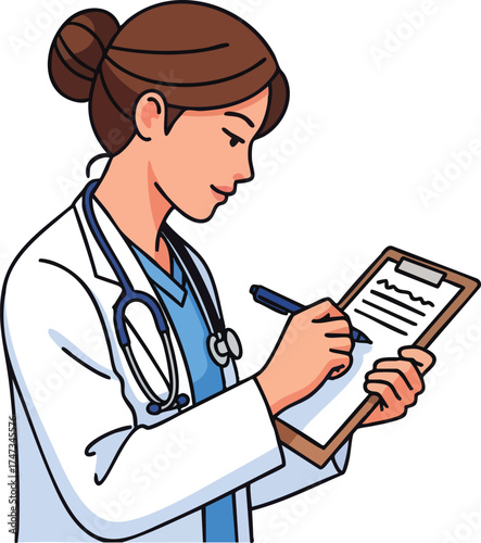 Female Doctor Writing on Clipboard with Stethoscope.