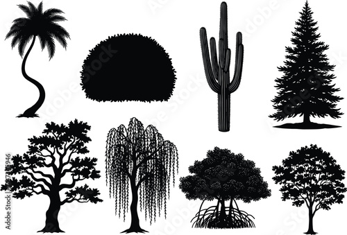 Black silhouette tree and plant vector set featuring diverse foliage shapes for nature, landscape design, botanical art, and educational use