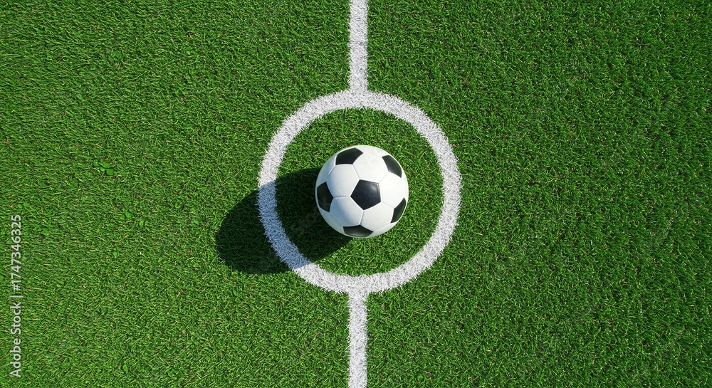 Obraz premium Overhead shot of a soccer ball on a field with white lines and artificial green turf.