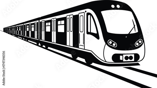Black silhouette vector illustration of modern metro train on railway tracks, urban subway transportation system for city travel and passenger commuting