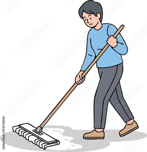 Cartoon illustration of a person diligently mopping the floor.