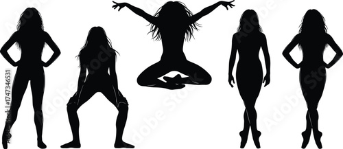 Black Silhouette Woman Poses Collection – Standing, Squatting, Jumping – Expressive Female Body Movement Vector for Dance, Fitness, Art Themes