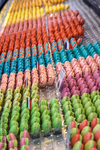 France, Paris. Brightly colored macarons at a bakery.