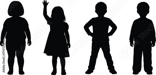 Black Silhouettes of Diverse Children in Unique Poses and Outfits on White Background for Educational, Artistic, and Cultural Vector Use