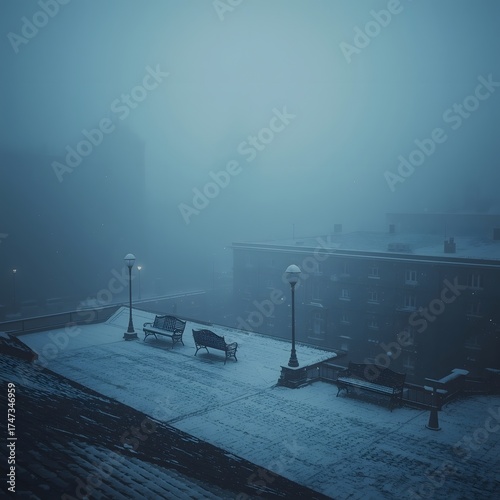 Snowy Winter Evening Overlooking a Waterfront Promenade with Glowing Lampposts