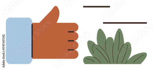 Human hand showing thumbs-up with wrist sleeve near green shrubbery. Ideal for nature, approval, positivity, sustainability, eco-friendly concepts, growth, encouragement. Simple flat metaphor