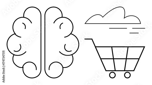 Brain paired with a shopping cart under a stylized cloud, merging intellect with commerce. Ideal for marketing, e-commerce, decision-making, innovation, technology, psychology education. Simple flat