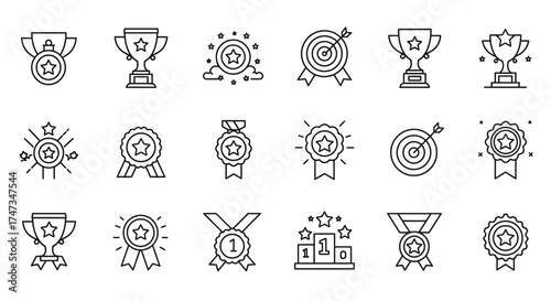 A set of linear icons that represent achievement, success and rewards symbols