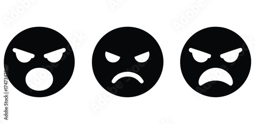 black emoticons expressing anger and frustration. set of emoji