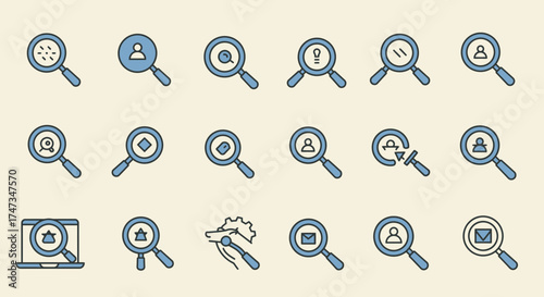 Collection of Blue Magnifying Glass Icon Illustrations for Various Search Concepts