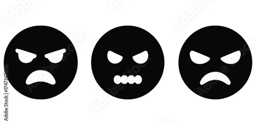 silhouettes of angry emoticons with white features. black and white masks
