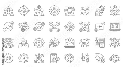Diverse vector line icons illustrating networking and team connections concept