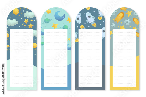 A vibrant collection of space-themed notepads featuring planets, rockets, clouds, and stars, perfect for creative writing, studying, or organizing thoughts in style.