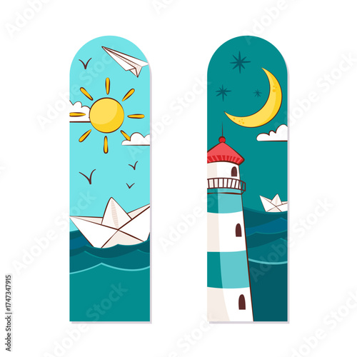 A charming pair of bookmarks featuring a sunny lighthouse and paper boats against a vibrant seascape, perfect for bringing warmth and inspiration to your reading moments.