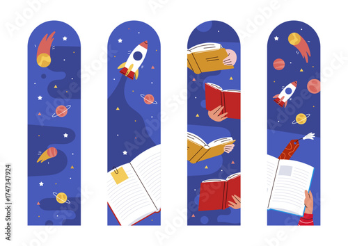 An imaginative set of bookmarks featuring rocket ships and planets, showcasing readers immersed in books, symbolizing the journey through literature and the cosmos.