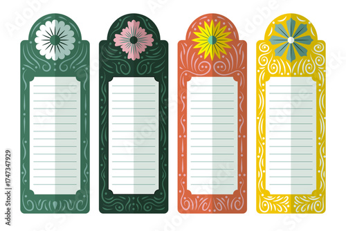An array of four vibrant tags featuring intricate floral designs, perfect for labeling gifts or organizing notes with a stylish touch reflecting nature's beauty.