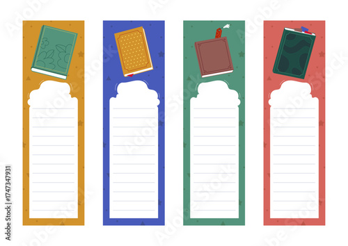 An enticing set of four bookmarks showcasing playful book illustrations that capture the joy of reading and the allure of books, perfect for any book lover.