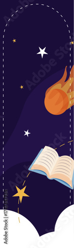 An imaginative set of bookmarks featuring UFOs and cosmic elements in a whimsical space scene, capturing the curiosity and adventure of the unknown for readers.