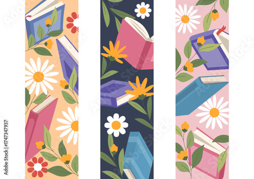 This vibrant image features beautifully designed bookmarks adorned with flowers and colorful books, perfect for capturing the love of reading and nature.